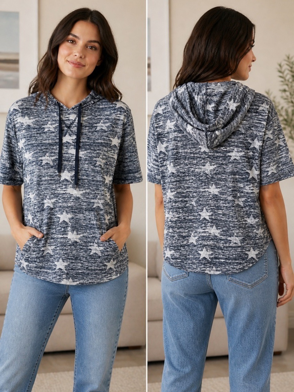 Metto One  Blue Star Print Hooded Tee Size Medium